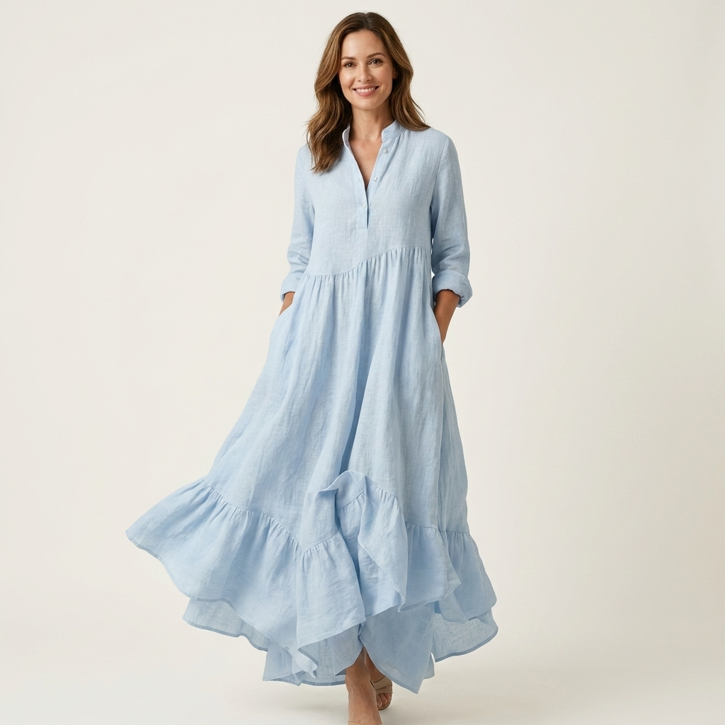 ADRIANNA | MAXIKLEID MIT STEHKRAGEN, KNOPFLEISTE UND RÜSCHENSAUM