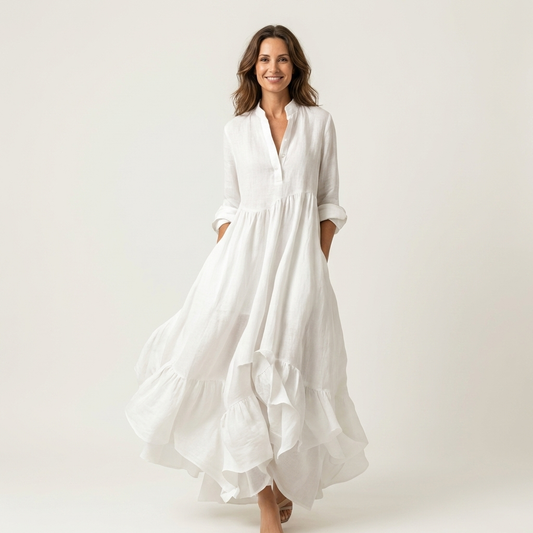 ADRIANNA | MAXIKLEID MIT STEHKRAGEN, KNOPFLEISTE UND RÜSCHENSAUM