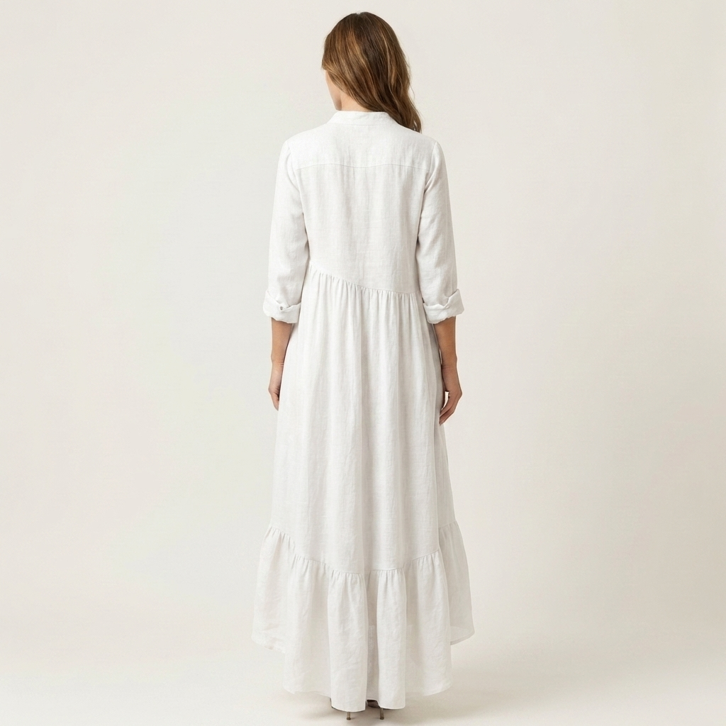 ADRIANNA | MAXIKLEID MIT STEHKRAGEN, KNOPFLEISTE UND RÜSCHENSAUM