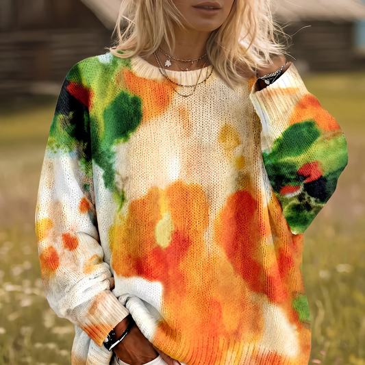 AMBERLEI | ORANGE TIE-DYE BLUMEN-PULLOVER MIT RUNDAUSSCHNITT