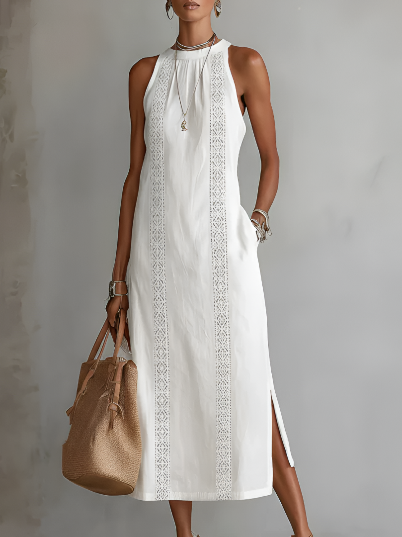 TERESA | LÄSSIGES MIDI-KLEID MIT BESTICKTEM STEHKRAGEN
