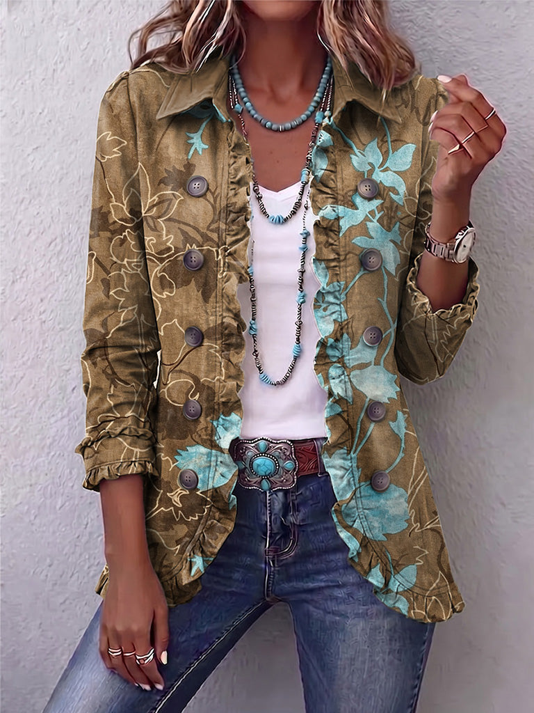 SUNDARA | BOHO-JACKE MIT VINTAGE-BLUMENMUSTER, VERLAUFSOPTIK UND RÜSCHEN