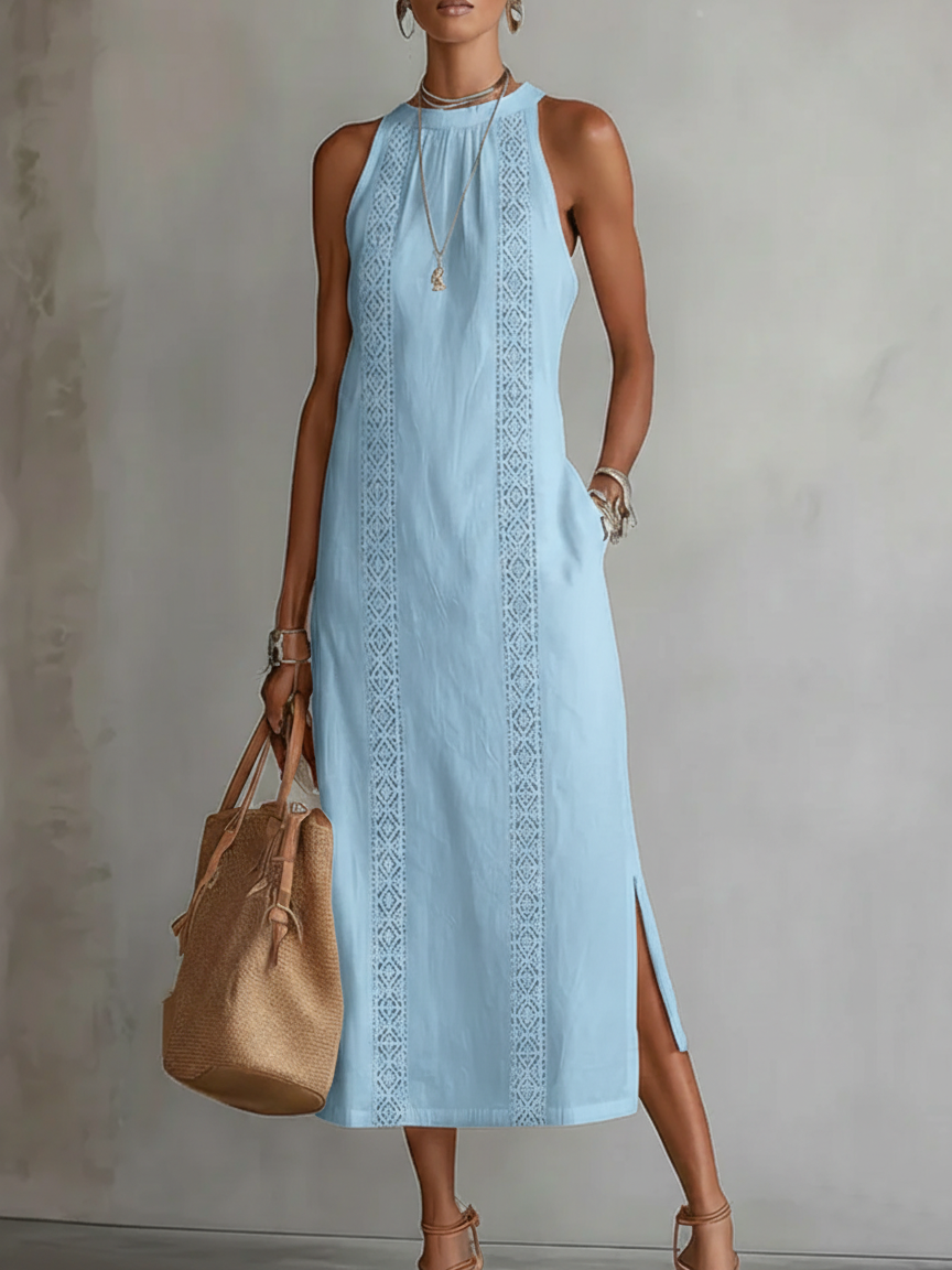 TERESA | LÄSSIGES MIDI-KLEID MIT BESTICKTEM STEHKRAGEN