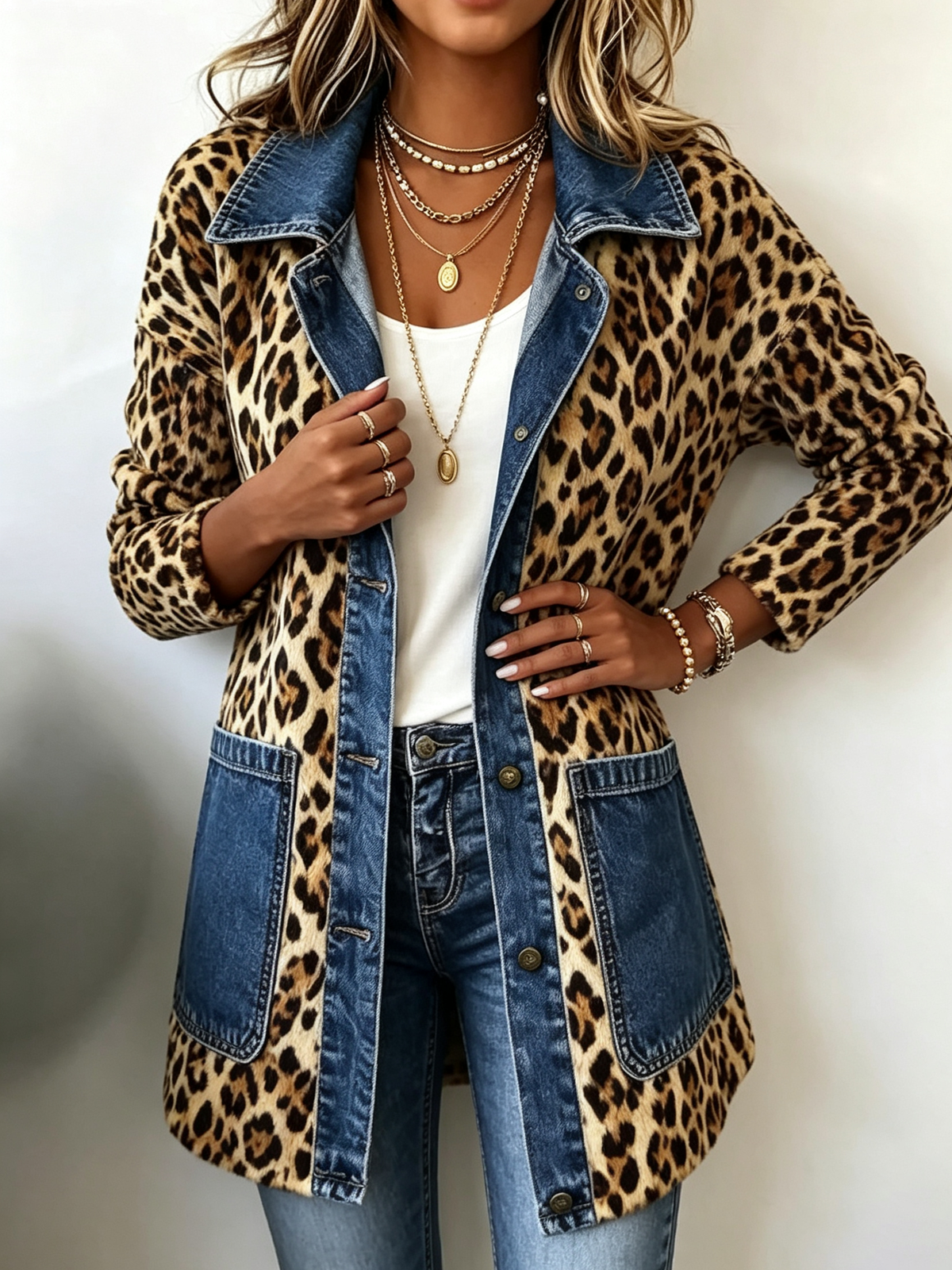 FABLENNE | LANGER JACKET MIT DENIM-EINSATZ IM LEOPARDEN-MUSTER