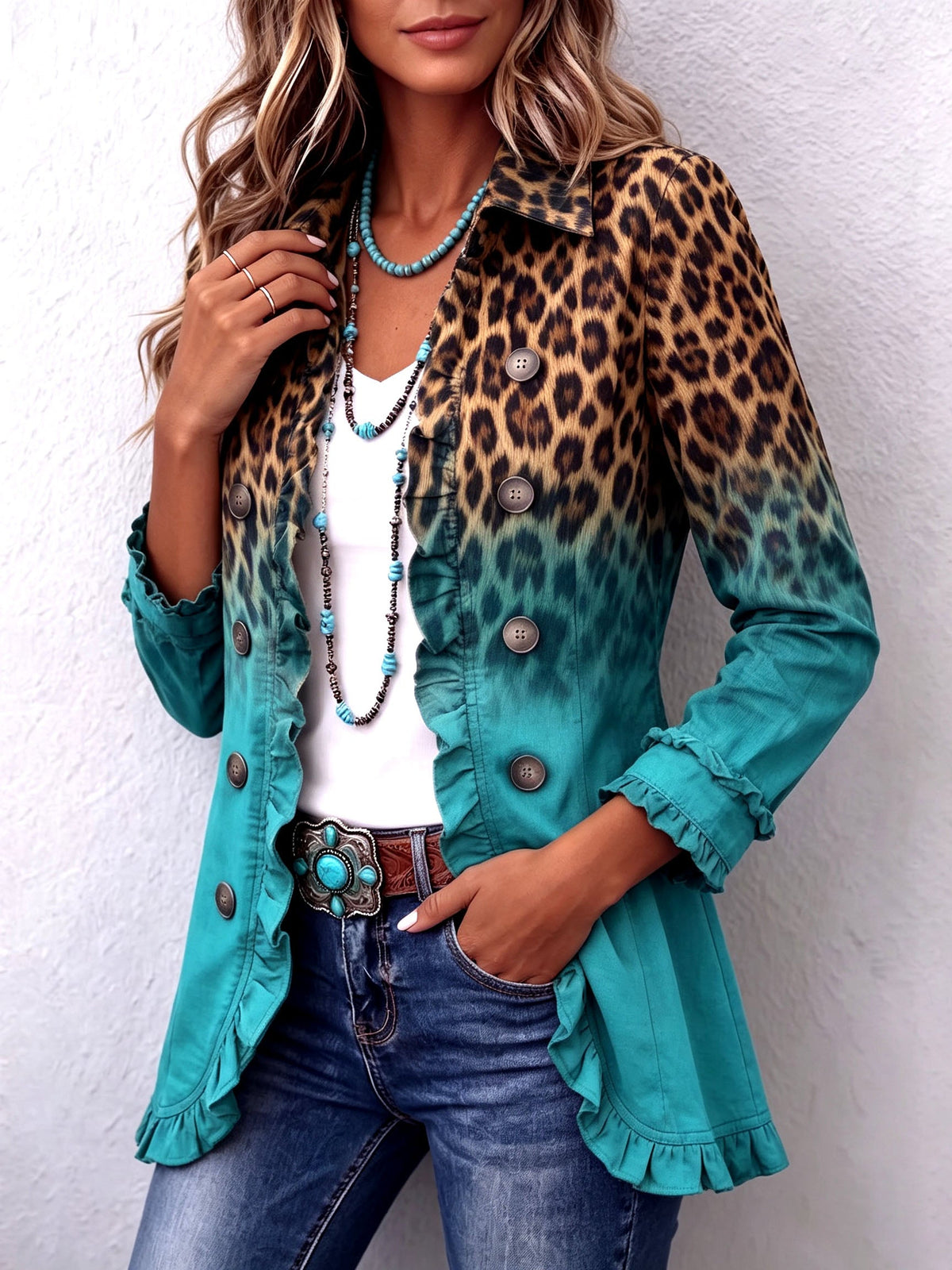 ELSPETH | LEOPARDEN-OMBRE-BLAZER MIT RÜSCHEN