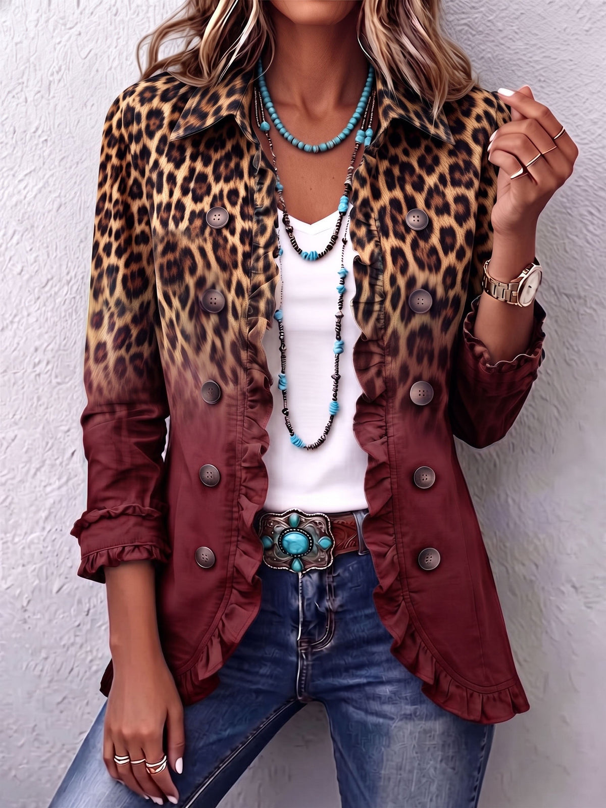 ELSPETH | LEOPARDEN-OMBRE-BLAZER MIT RÜSCHEN