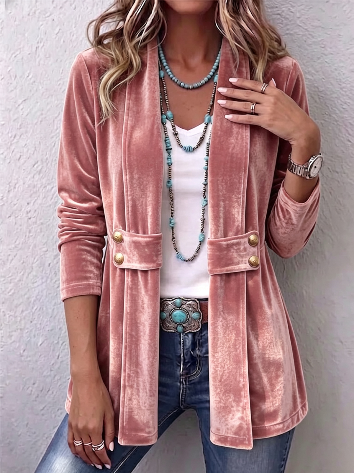 HOLLIWELL | VINTAGE LANGÄRMELIGE JACKE MIT KNOPF-AKZENTEN AM REVERS, OFFEN ZU TRAGEN
