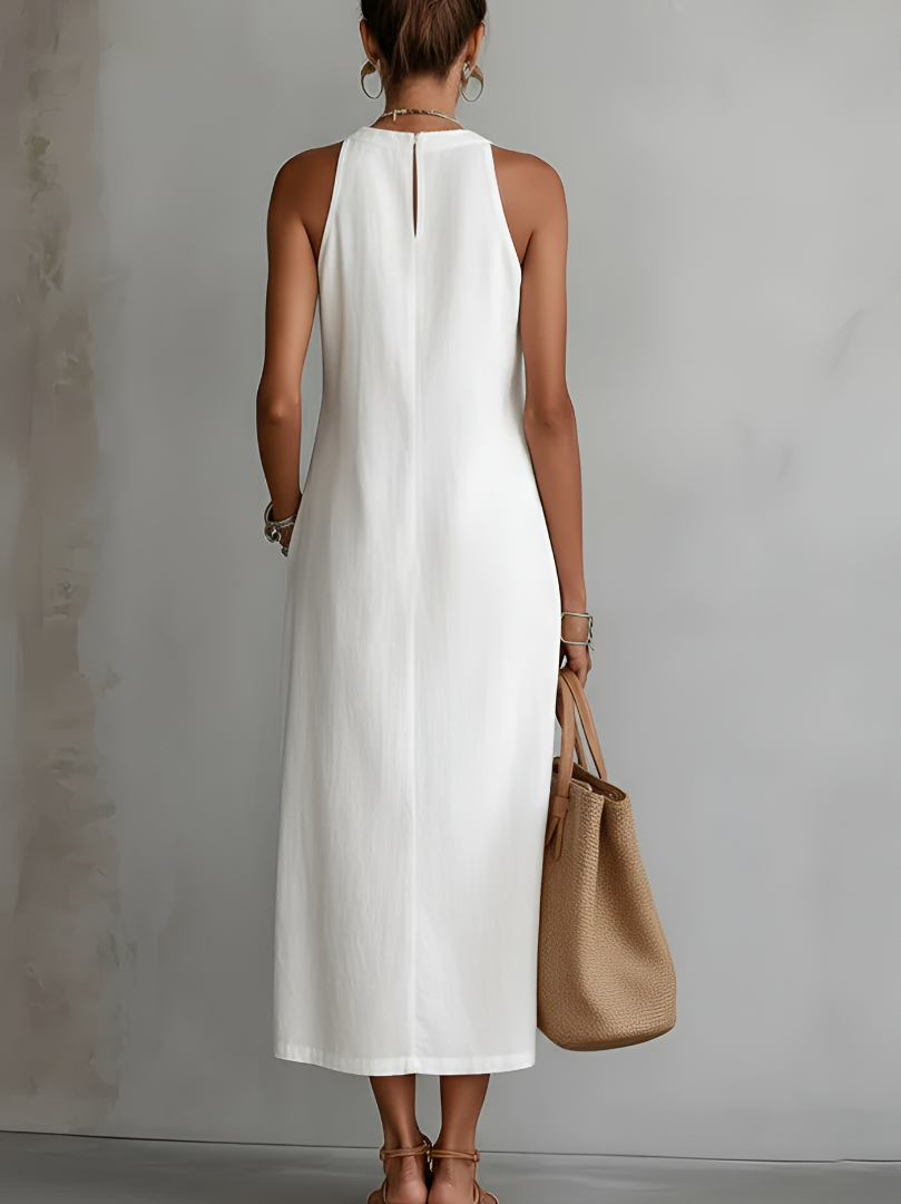 TERESA | LÄSSIGES MIDI-KLEID MIT BESTICKTEM STEHKRAGEN