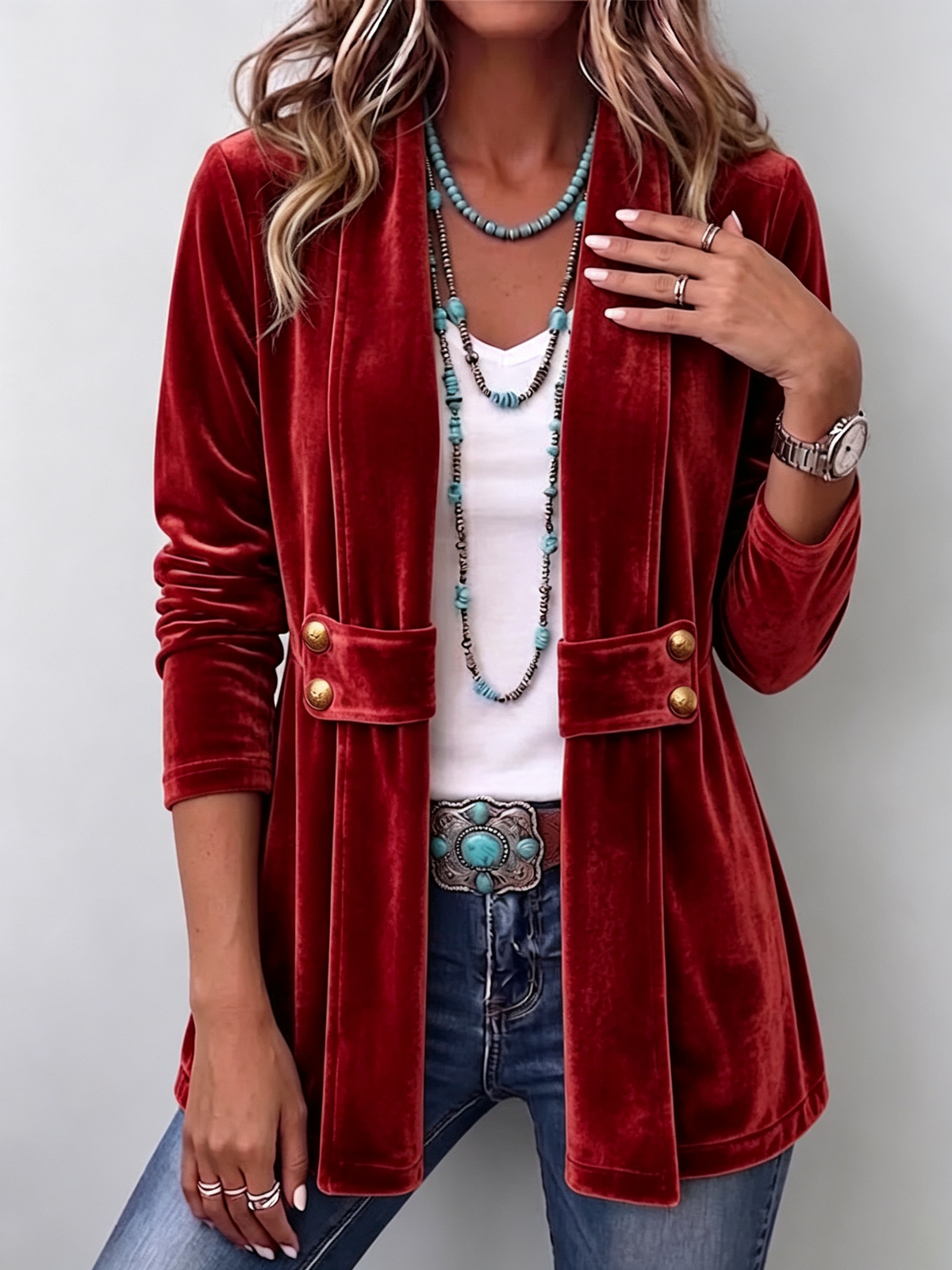 HOLLIWELL | VINTAGE LANGÄRMELIGE JACKE MIT KNOPF-AKZENTEN AM REVERS, OFFEN ZU TRAGEN