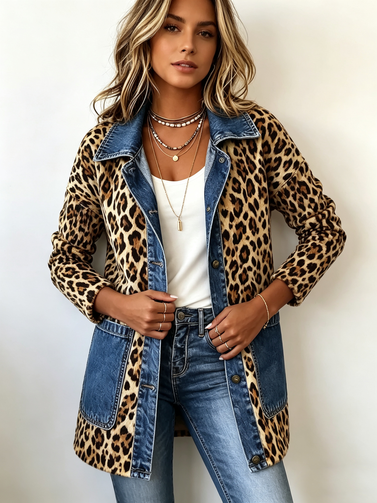 FABLENNE | LANGER JACKET MIT DENIM-EINSATZ IM LEOPARDEN-MUSTER