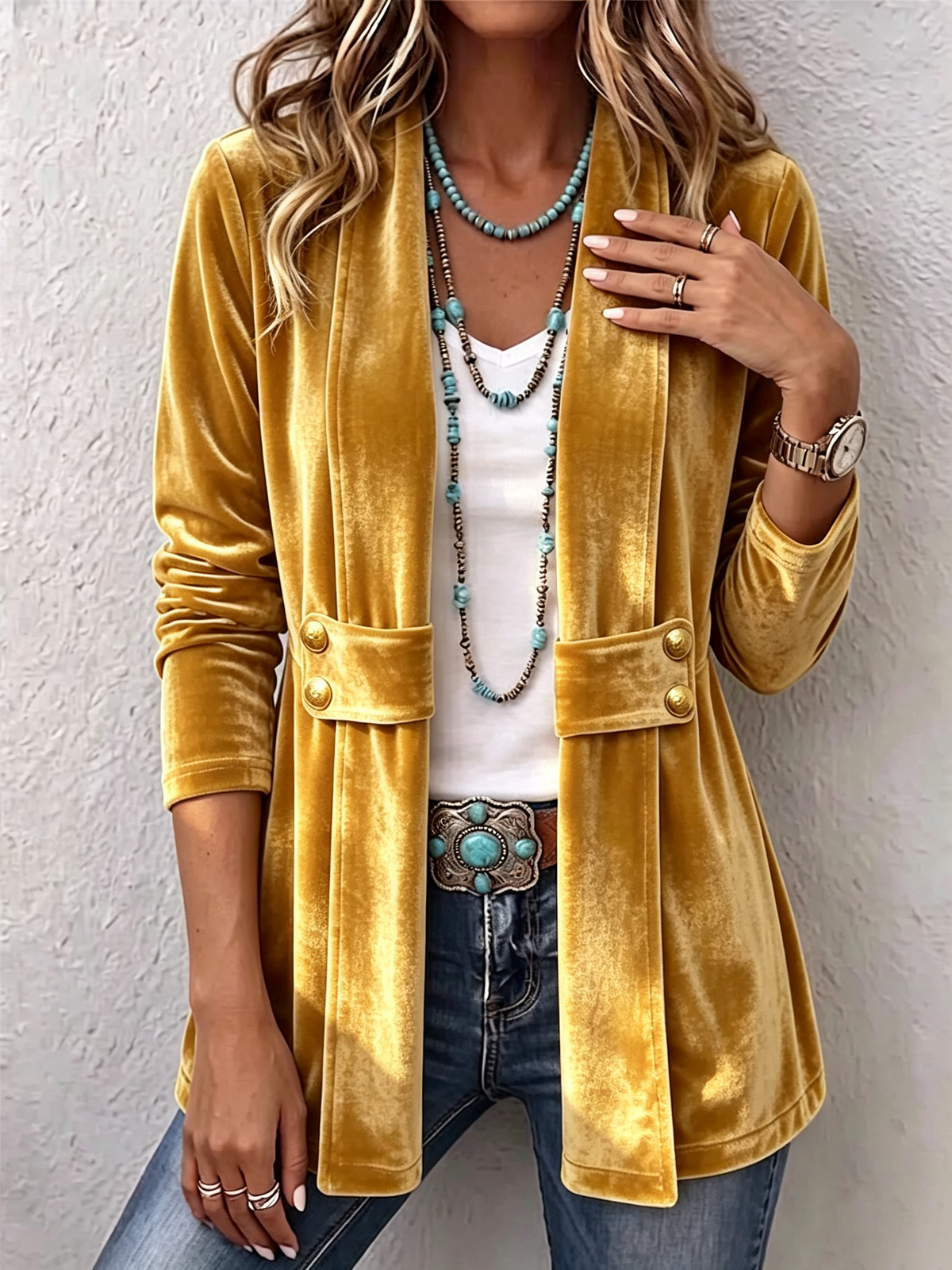 HOLLIWELL | VINTAGE LANGÄRMELIGE JACKE MIT KNOPF-AKZENTEN AM REVERS, OFFEN ZU TRAGEN
