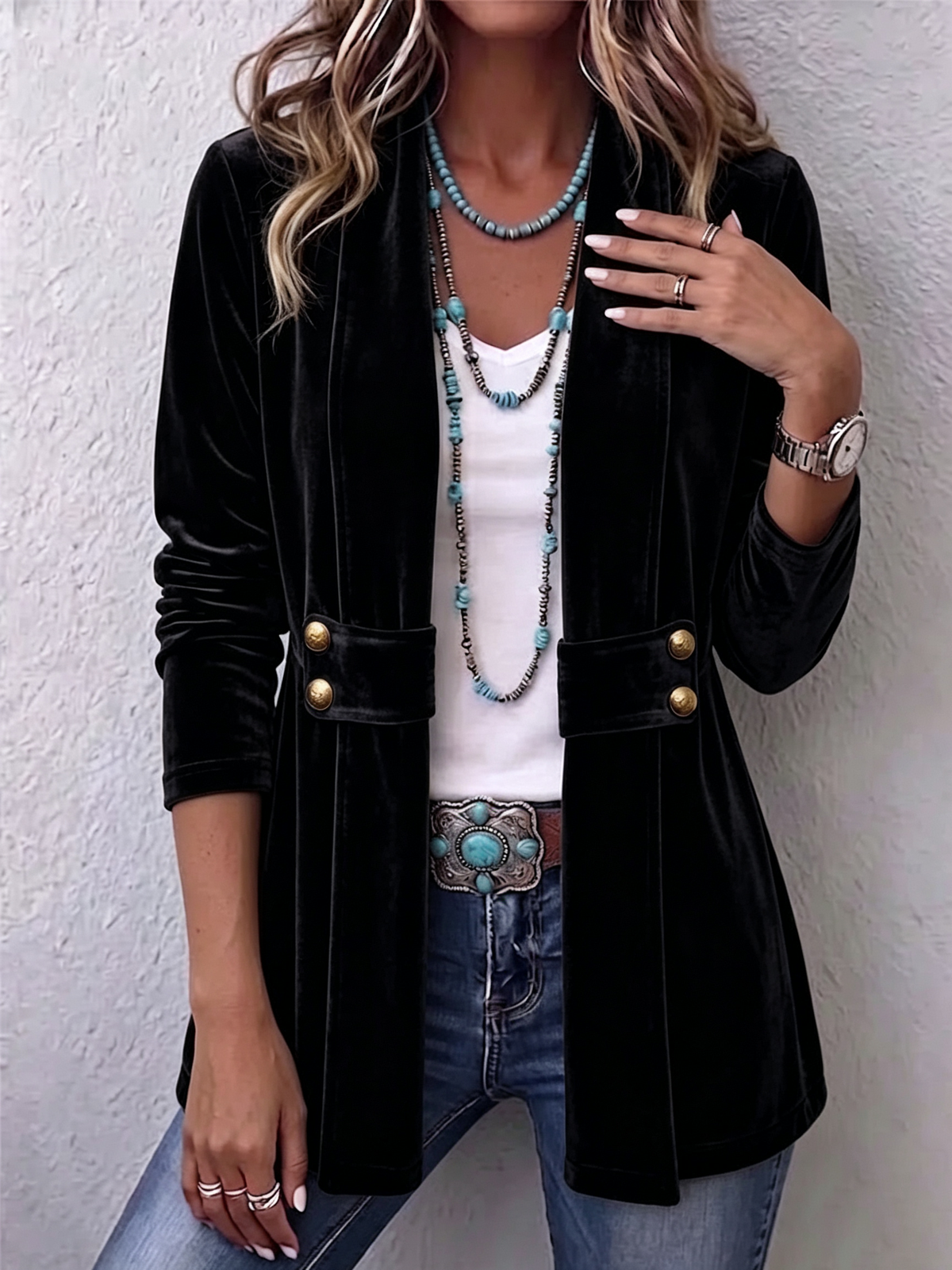 HOLLIWELL | VINTAGE LANGÄRMELIGE JACKE MIT KNOPF-AKZENTEN AM REVERS, OFFEN ZU TRAGEN