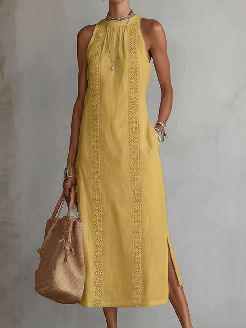 TERESA | LÄSSIGES MIDI-KLEID MIT BESTICKTEM STEHKRAGEN