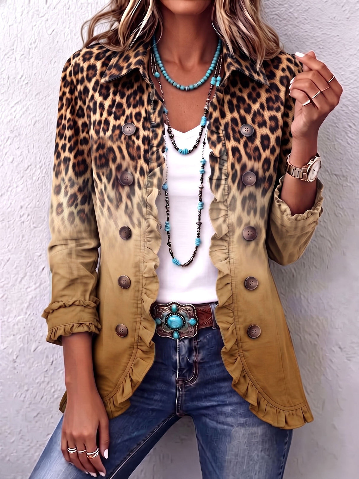 ELSPETH | LEOPARDEN-OMBRE-BLAZER MIT RÜSCHEN