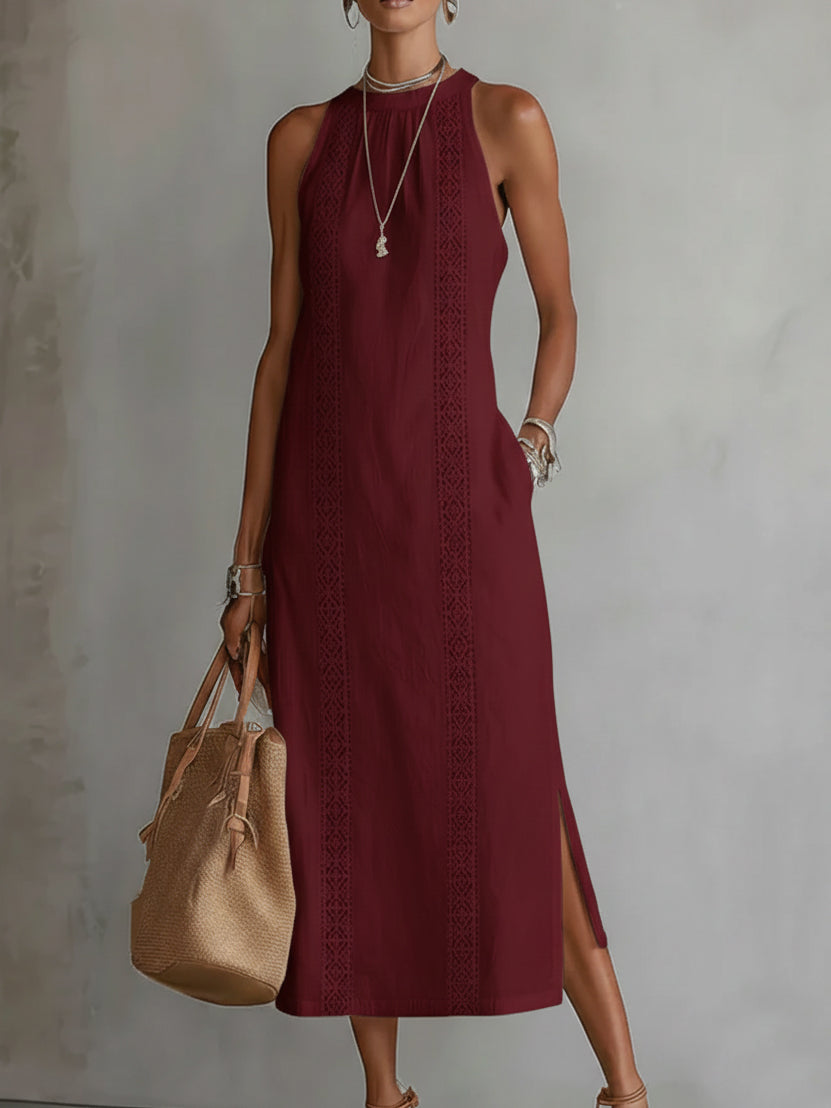 TERESA | LÄSSIGES MIDI-KLEID MIT BESTICKTEM STEHKRAGEN