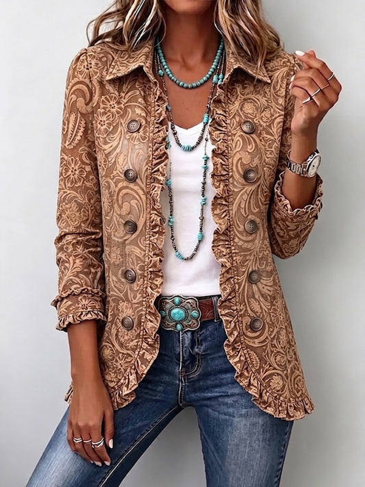 VYCLARA | VINTAGE-JACKE MIT BOHÈME-BLUMENMUSTER UND RÜSCHEN