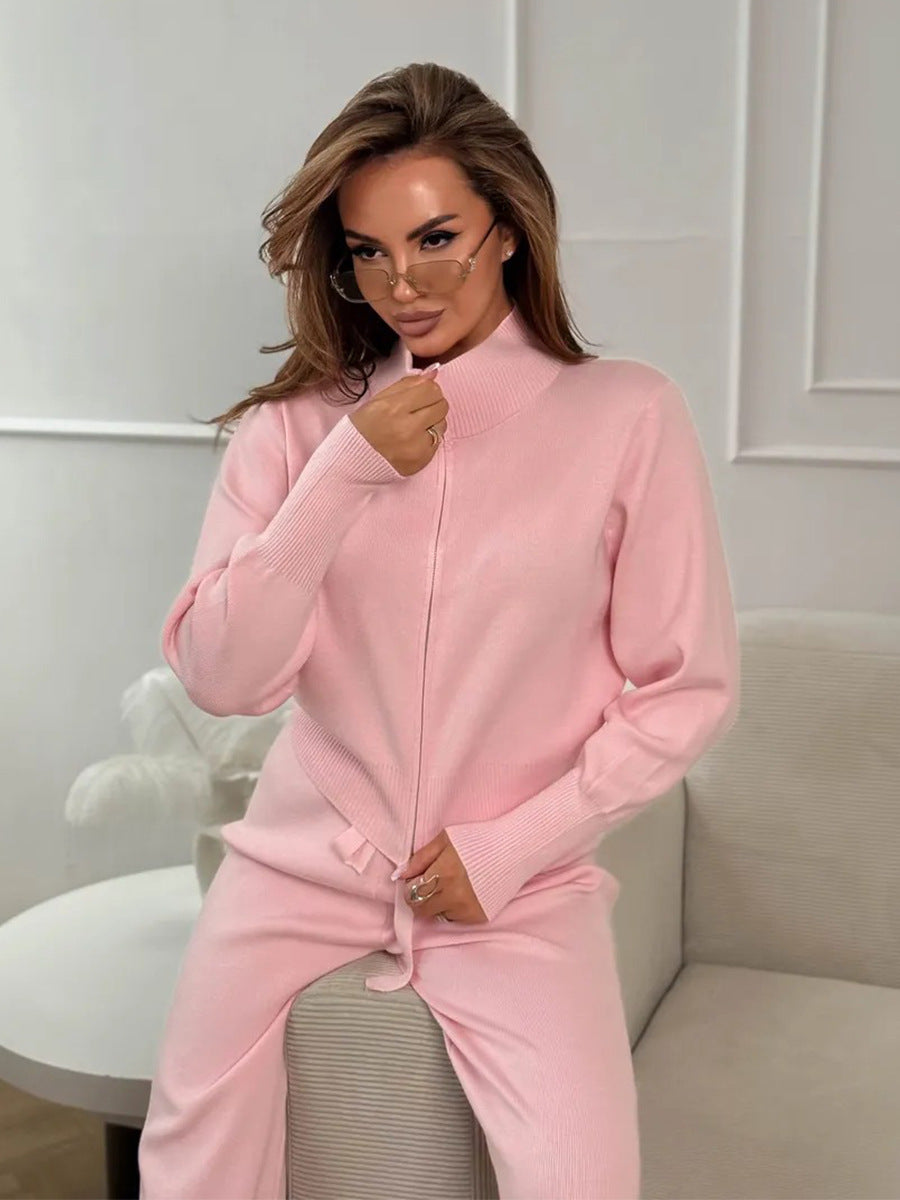 ISLA | 2-TEILIGES STRICKSET – WEITE HOSE MIT KORDELZUG UND REISSVERSCHLUSS-JACKE