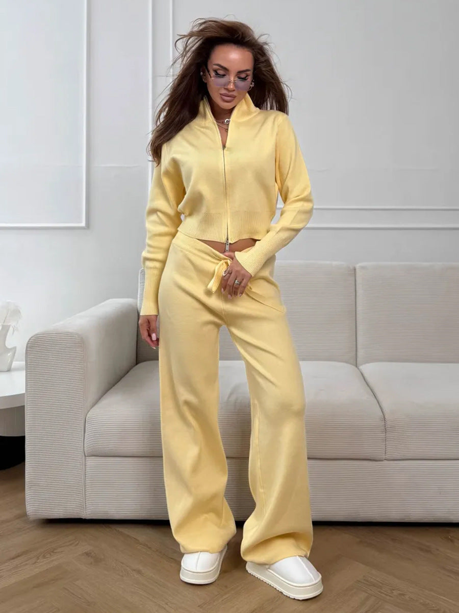 ISLA | 2-TEILIGES STRICKSET – WEITE HOSE MIT KORDELZUG UND REISSVERSCHLUSS-JACKE
